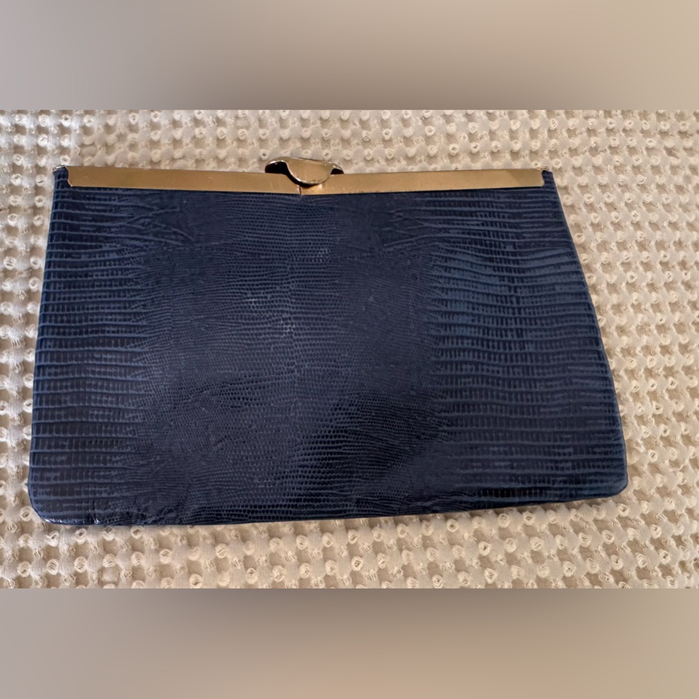 Vintage Etra Leather Blue Clutch Purse with Chain Strap & Snake Skin Pattern